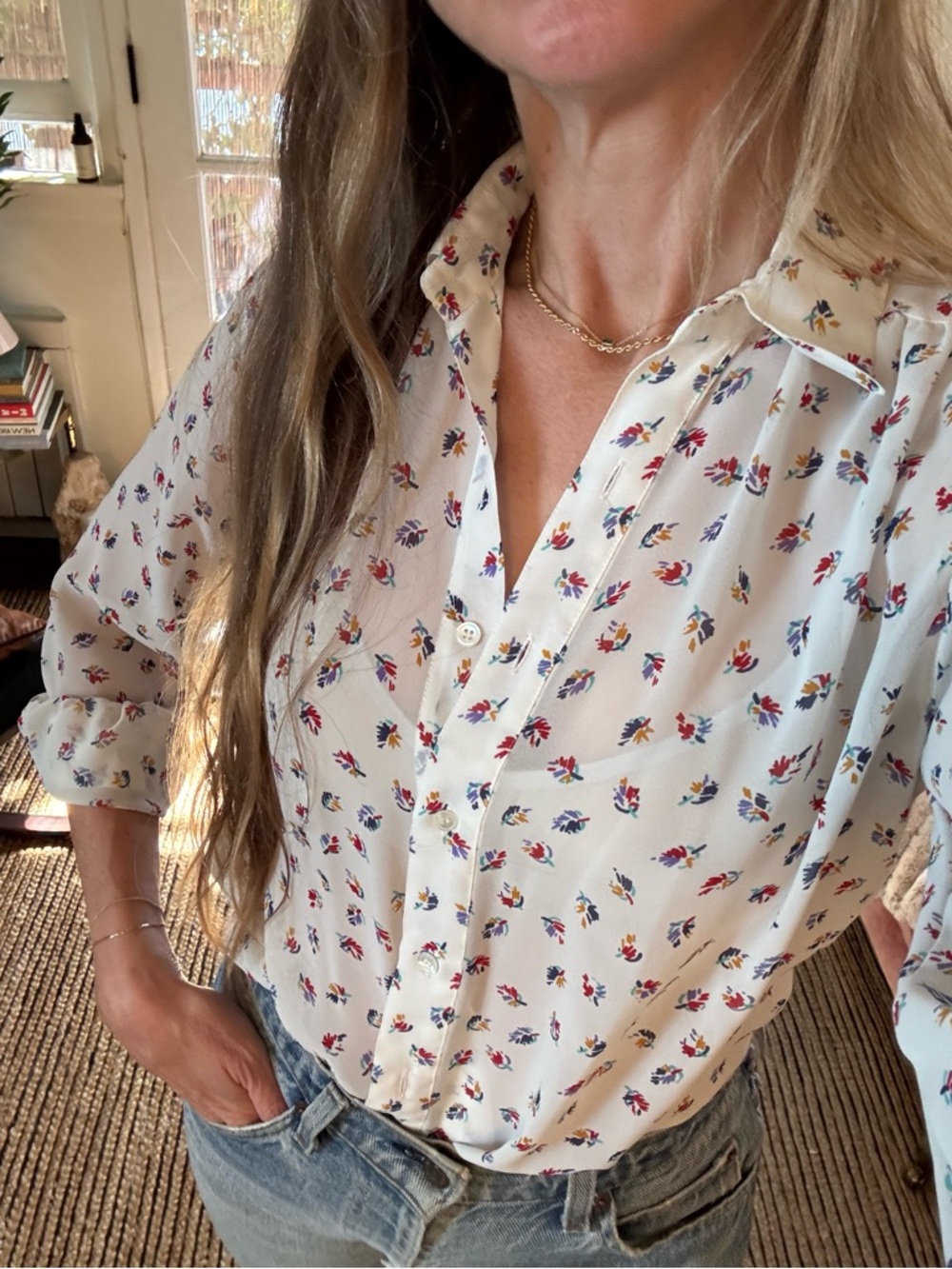 Vintage Cream Floral Button-Up Blouse